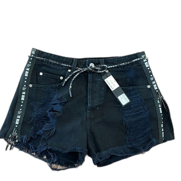 LF The Brand Black Rebel Distressed Denim Hot Shorts Zip Sides Raw Hem Sz 28 NWT - Picture 2 of 11